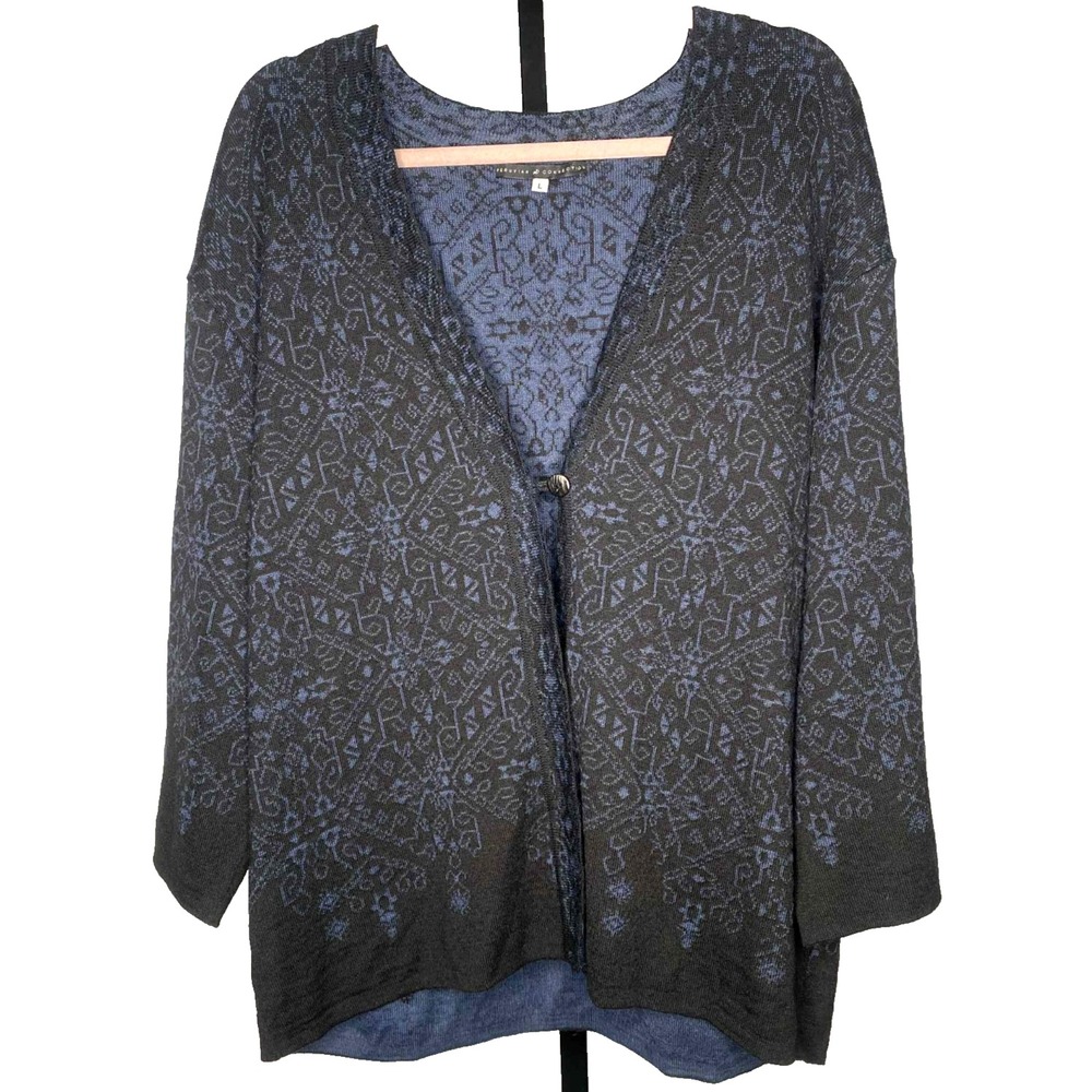 Peruvian Connection Paisley Alpaca, wool, silk Cardigan Size Large Blue Black